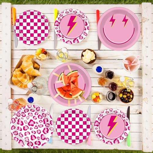 96 Pcs Pink Smile Face Party Decorations: Pink Cheetah Plates and Napkins, Checked Paper Plates, Smile Face Leopard Disposable Tableware for Girls Women Bridal Shower Supplies - Image 5