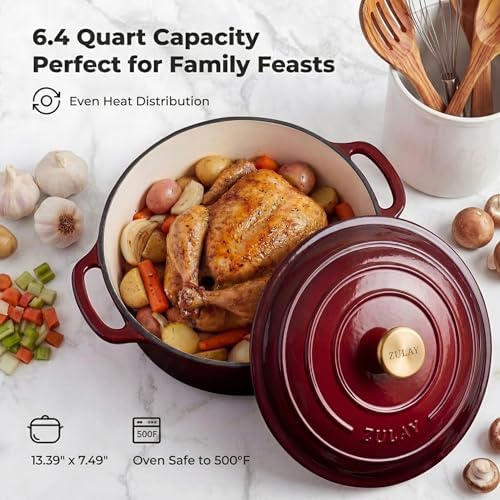 Zulay Kitchen 6.4QT Enameled Cast Iron Dutch Oven Pot with Lid, Heavy-Duty Soup Pot for Stews, Braising, Roasting & Sourdough Bread Baking, Oven Safe up to 500°F – Garnet - Image 6