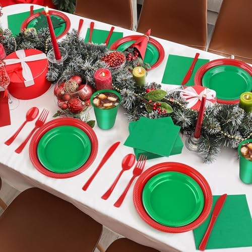 Kochorie 240 Pieces Christmas Plastic Dinnerware Set Disposable Heavy Duty Plates Napkins Cups Silverware Dessert Dinner Plates for Birthday Wedding Party Supplies, Serves 30 Guests, Red and Green - Image 5