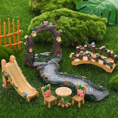 8 Pcs Fairy Garden Accessories Miniature Furniture Bridge Slide - Image 2
