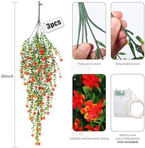 RECUTMS Artificial Plant, 3 Pack Hanging Plants with 30 LED Lights, 11.5in Eucalyptus, Orange Red, Indoor Outdoor Decoration - Image 2