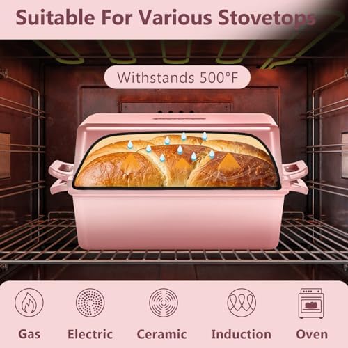 Wildone Enameled Cast Iron Bread Loaf Pan with Lid, 9x5 Sourdough Baking Pans for Homemade Bread, Cake, Meatloaf, Even Heating Bread Pans, 2-Piece Set, Pink - Image 4