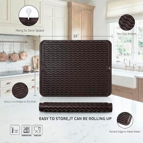 MicoYang Silicone Dish Drying Mat — Quick-Dry Ridges Counter & Sink Pad, Heat-Resistant Trivet to 450°F, Non-Slip & Dishwasher Safe, Roll-Up Storage, 18 Colors & 9 Sizes (Coffee, 16"×12") - Image 2