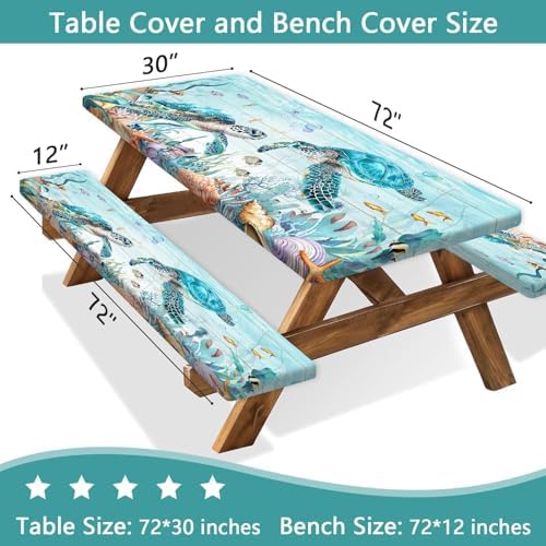 Ocean Sea Turtles Picnic Table Cover with Bench Covers and Bag, Camping Essentials, Waterproof Windproof, Fitted Tablecloth Cover with Elastic Edge, for Indoor & Outdoor, Garden, 3 PCS, 30x72 Inch - Image 2
