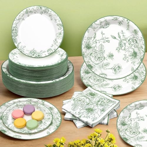 Sage Green Floral Plates and Napkins Party Supplies,Serve 60 Guests - Image 5