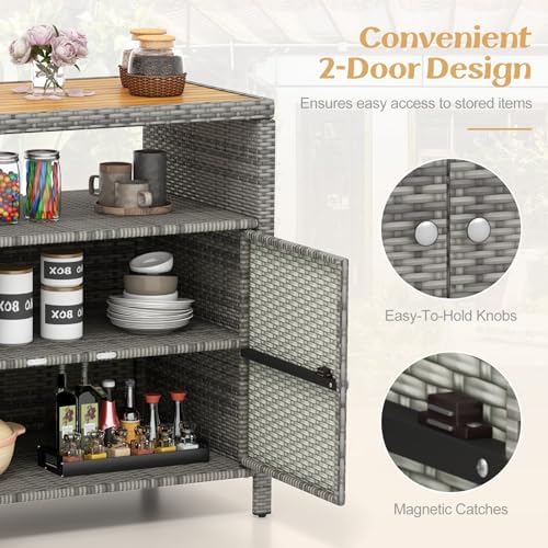 Tangkula Rattan Outdoor Storage Cabinet, Patiojoy Outdoor Cabinet with Acacia Wood Countertop, Open Compartment, 2-Door Wicker Sideboard, Outdoor Bar for Patio Garden Backyard Poolside (Mix Grey) - Image 6
