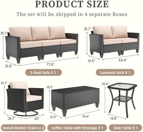 UDPATIO Patio Furniture Set, 6 Pieces Outdoor Furniture Sets with Rocking Swivel Chairs, Wicker Rattan Outdoor Conversation Set with Storage Table and Waterproof Covers for Backyard, Deck, Porch, Khak - Image 2
