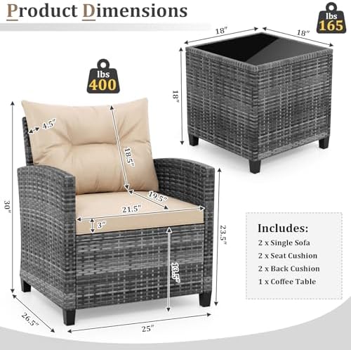 KOTEK 3 Piece Patio Furniture Set, Outdoor PE Rattan Conversation Set with Washable Cushions & Tempered Glass Tabletop, Wicker Chairs and Table Set for Porch, Garden, Balcony (Beige) - Image 6