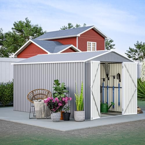 YOPTO 8x12 FT Outdoor Storage Shed W/Floor Frame,Metal Shed W/Double Lockable Doors,Garden Tool House W/ 2 Vents & Sloped Roof,for Backyard Patio Lawn,Gray by YOPTO