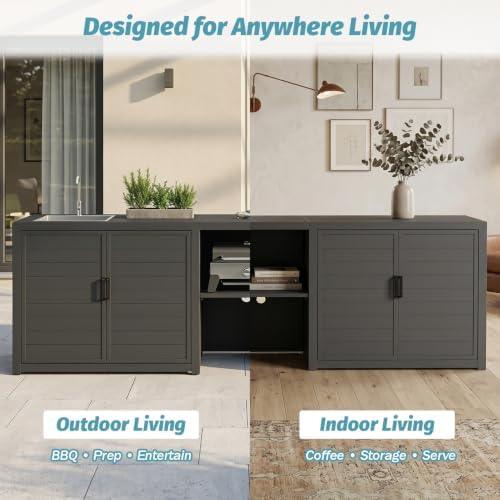 Domi Outdoor Kitchen Island with Sink, Aluminum Outdoor Kitchen Cabinet with Large Storage Space, Powder-Coated Weather Resistant Patio BBQ Prep Station with Drop-in Sink and Wide Countertop - Image 7