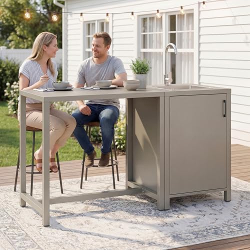 Wisteria Lane Outdoor Storage Cabinet with Stainless Steel Sink, Aluminum Modular Outdoor Kitchen, All Wheather Kitchen Island with Storage, Patio Bar Table for BBQ, Porch，Backyard by WisteriaLane
