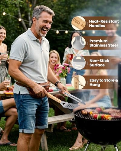 4PCS Grilling Accessories BBQ Tools - Stainless Steel Grill Set with Tongs, Fork, Spatula, Brush, Carrying Bag, Birthday for Men, Father, Husband - Image 3