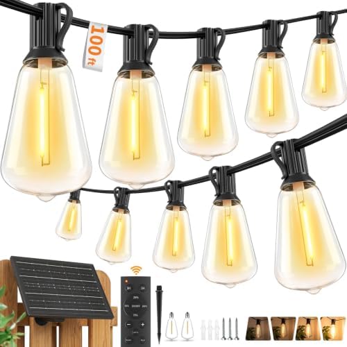 Hotsonic Solar Outdoor String Lights Waterproof, 100FT Remote Control LED Outside Lights with Shatterproof Bulbs, Dimmable Hanging Lights for Patio Porch Garden pergola Yard House Bistro Party Decors by Hotsonic