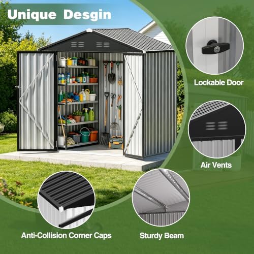 6 x 4 FT Outdoor Storage Shed, Waterproof Metal Garden Tool Shed with Gable Sloped Roof, Magnetic Light, Lockable Door & Air Vents for Backyard Patio Lawn, Gray - Image 6