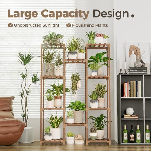 Bamworld Plant Stand Indoor Outdoor Tall Plant Shelf for Multiple Plants Pots Wood Flower Stand Large Flower Holder for Living Room, Patio, Balcony, Garden Decor, Brown - Image 2