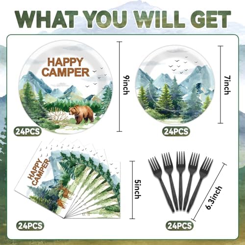 Camping Party Plates Napkin Happy Camper Dinnerware Camping Adventure Themed Birthday Party Tableware Set Disposable Fork Supplies for Boys Girls Tournament Birthday Decorations Serve 24 - Image 2