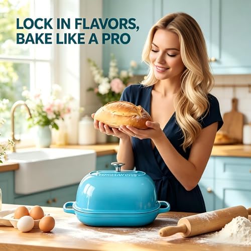 Cast Iron Bread Oven,6 QT Dutch Oven,Thick Enameled Loaf Pan with Lid,Bread Pans for Homemade Bread,14.5"Dutch Oven for Bread Baking,Dutch Ovens-with Silicone Baking Mat&Recipe,Gifts for Family,Teal - Image 4