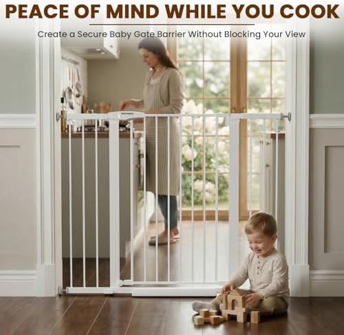 Mumeasy 36" Extra Tall Baby Gate for Stairs, 29.7-48" Wide Dog Gate for Doorways, Walk Thru Pet Safety Gate for Indoor, Pressure Mounted with Auto Close, Easy Install No Drill for Toddlers, White - Image 6