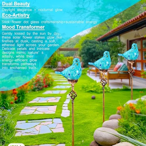 Decorative Solar Lights, Outdoor Solar Bird Stake Lights, Hand Blown Glass Decorative Garden Pathway Lights Outdoor Waterproof Glass Stakes (Light Blue) - Image 5