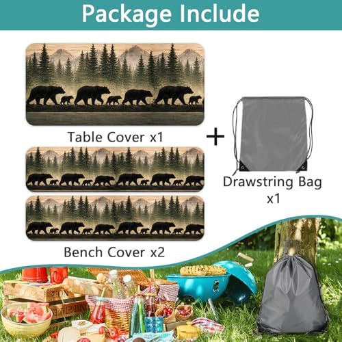 Picnic Table Cover with Bench Covers and Bag, Forest Mountain Bear Wooden Waterproof Windproof, Fitted Tablecloth Cover with Elastic Edge, for Indoor & Outdoor, Garden, Camping, 3 PCS 30x60 Inch - Image 6