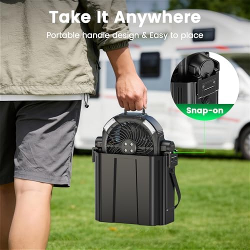 XAP Portable Misting Fan Rechargeable for Hot Weather - 9-inch Oscillating Camping Fan with USB Battery as Power Bank, 4 Mist Cooler, 7L Bucket for Outdoor/Camping/Patio/Golf (Black) - Image 5
