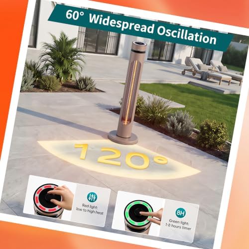 Patio Heater for Outdoor 1500W 8 Heat Levels 8H Timers Oscillation Carbon Fiber Heating Tip-Over&Overheat Protection Waterproof Electric Infrared Heater with Remote Brown - Image 5