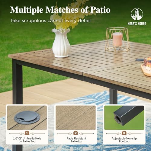 HERA'S HOUSE 7pc Outdoor Patio Dining Set, Wood-Look Metal Table, Blue - Image 5