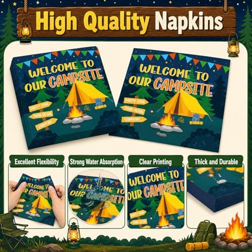96PCS Camp Tableware Decoration Welcome to Our Campsite Party Plates Napkins Supplies Disposable Camping Favor Dessert Paper Plates Camping Adventure Campfire Party Picnics BBQ Gatherings Decoration - Image 4