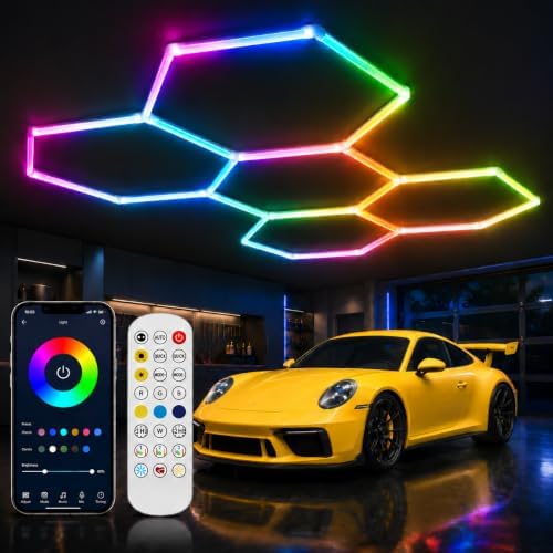 25Pack RGB Hexagon LED Garage Lights, 5 Hexagon Smart Honeycomb Lights with APP & Remote Control, Music Sync, 358 RGB Colors, Dimmable DIY Modular Lighting for Garage, Gaming Room & Car Detailing by Tiyahomey