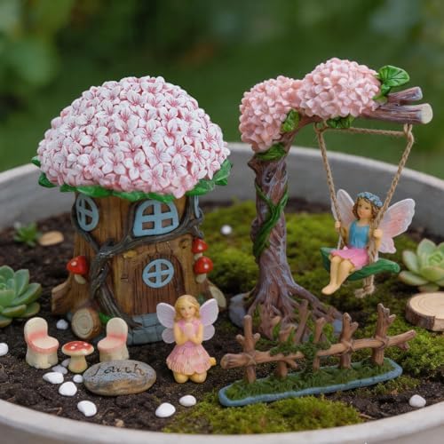 Miniature 8 Pcs Mini Garden Furniture, Fairy Garden Accessories Kit, Resin Figurines with Swing Set, Whimsical Theme, for Outdoor Patio, Yard, Lawn, or Desk - Image 5