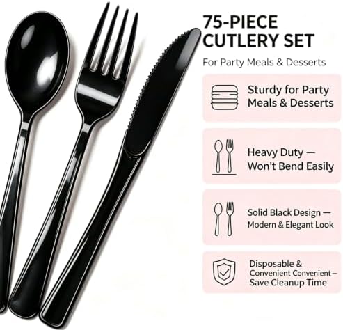75 Pack Black Heavy Duty Plastic Silverware Set, Disposable Knives, Forks & Spoons, 25 Sets for Birthday, Baby Shower, Camping, Picnic & Party - Image 4