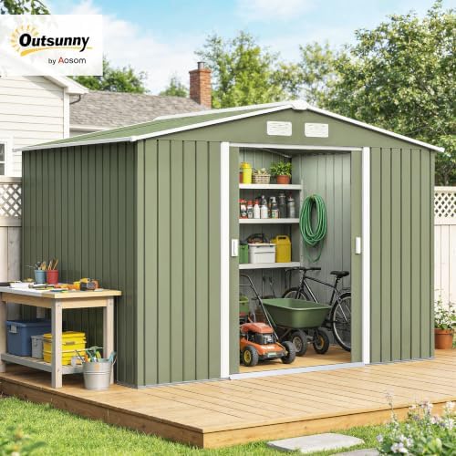 Outsunny 9' x 6' Outdoor Storage Shed Garden Tool Metal Shed Green - Image 2