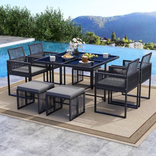 Tangkula 9 Pieces Patio Dining Set, Outdoor Space-Saving Furniture Set with PE Rattan Chairs, Tempered Glass Table and Ottomans, Outdoor Sectional Conversation Set with Cushions for Yard - Image 2