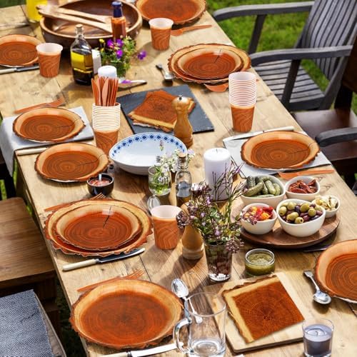 400 Pieces Camping Wood Grain Slice Party Supplies Set Paper Plate Cup Napkin for Camping Woodland Baby Shower Lumberjack Birthday Featuring a Round Wooden Slice Die Cut Edge Design Serve 50 - Image 5