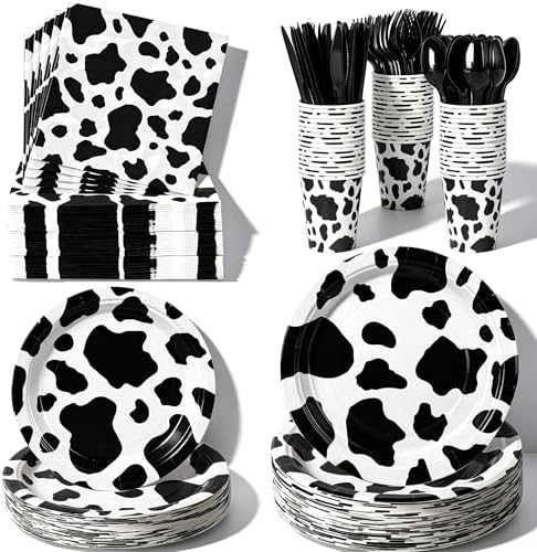 400 Pcs Disposable Black Cow Print Tableware Set for 50 Guests by COSINIA