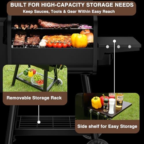 KingChii Electric Wood Pellet Grill & Smoker with Side Shelf, 456 SQ.IN Grill Capacity, 11LB Hopper, with PID Temperature Control (180-425°F) for Backyard Camping Bake and Roast, Black with Cover - Image 6