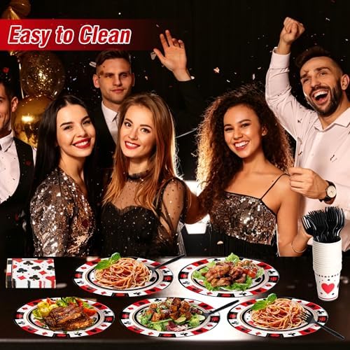 144 Pcs Casino Tableware Set for 24 Guests, Heavy-Duty 7" & 9" Paper Plates, Cups, 2-Ply 13" Napkins & Plastic Forks, Disposable Party Supplies for Casino Vegas Game Night and Poker Party - Image 3