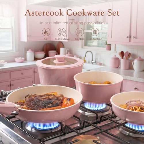Astercook 21 Pcs Pots and Pans Set Non Stick, Ceramic Cookware Set Detachable Handle, RV Kitchen Cooking Set Removable Handles, Oven Safe, Induction Ready, Stackable, Pink, Fathers Day Gift for Men - Image 2