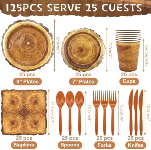 175 Pieces Camping Wood Grain Slice Tableware Set Rustic Wood Party Decorations Plates Napkins Cups Knives Fork Spoon for Hunting Birthday Party Decorations Serve 25 Guests - Image 2