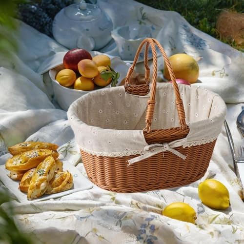 Imitation Rattan Picnic Basket Picnic Hamper Woven Storage Basket Fruit Basket for Bread Fishing Garden BBQ Outdoor Camping- Style D - Image 2