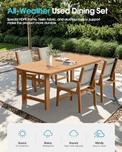 Ciokea HDPE Outdoor Dining Set, Patio Table and 4 Stackable Chairs, Teak - Image 3