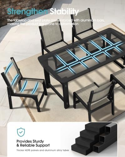 Ciokea HDPE Outdoor Dining Set, Patio Table and 6 Stackable Chairs, Black - Image 5