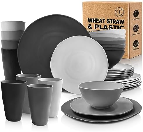 Teivio 32-Piece Kitchen Plastic Wheat Straw Dinnerware Sets, Service for 8, Dinner Plates, Dessert Plate, Cereal Bowls,Cups, Unbreakable Plastic Colorful Outdoor Camping Dishes, Irregular Gray Ombre by Teivio