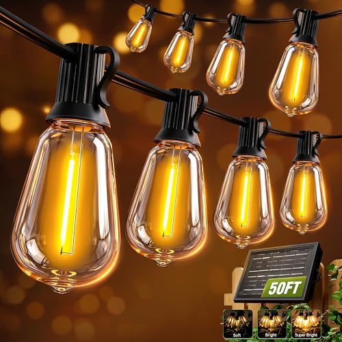 Solar String Lights Outdoor Waterproof Lights with Remote & Timer, LED Shatterproof ST38 Bulbs, USB & Solar Powered Patio Lights for Backyard, Porch, Garden, Wedding, Christmas Decor (50FT) by SkoiucLights