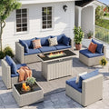 Outdoor Patio Furniture Set with Fire Pit 8 Pcs Wicker Sectional Sofa Blue by UDPATIO
