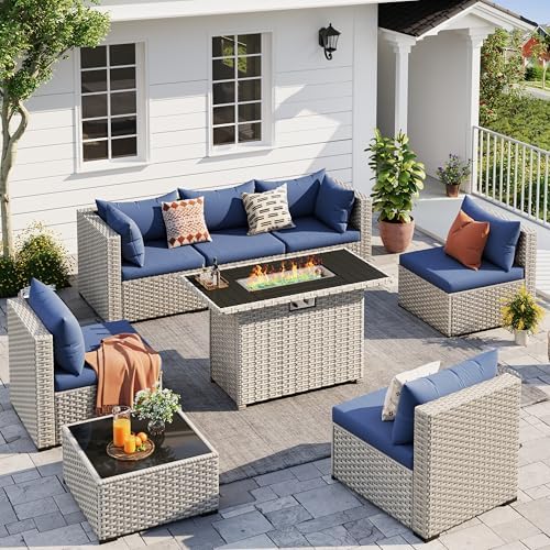 Outdoor Patio Furniture Set with Fire Pit 8 Pcs Wicker Sectional Sofa Blue by UDPATIO