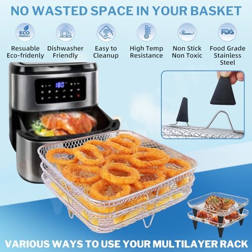 Air Fryer Accessories with 8pcs Foot Cover - 8" Square 3 Stackable Dehydrator Racks Fits 5.8 QT Air Fryer Racks for Cosori, Instant Vortex, Nuwave, Ninja Foodi Grill 304 Stainless Steel - Image 4