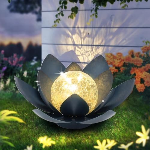 Huaxu Solar Lights Outdoor Garden Decoration Crackle Globe Glass Waterproof LED Metal Blue Lotus Flowers Gift for Mom,Women,Patio,Lawn,Walkway,Tabletop,Ground - Image 7