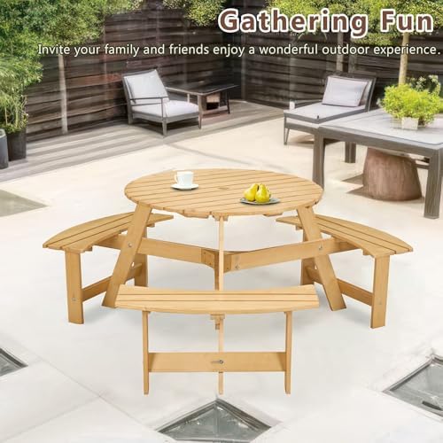 6 Person Wooden Picnic Table, Outdoor Round Picnic Table with 4 Built-in Benches, Umbrella Hole, Outside Table and Bench Set for Patio, Backyard, 500lbs Capacity Per Bench (Nature - 6 person) - Image 6