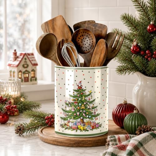 Christmas Tree Green Kitchen Utensil Holder, Xmas Winter Large Ceramic Utensil Holder For Countertop Organizer, 6.3'' Cooking Utensil Crocks Festivel Decor Utensil Storage Cup for Kitchen - Image 3